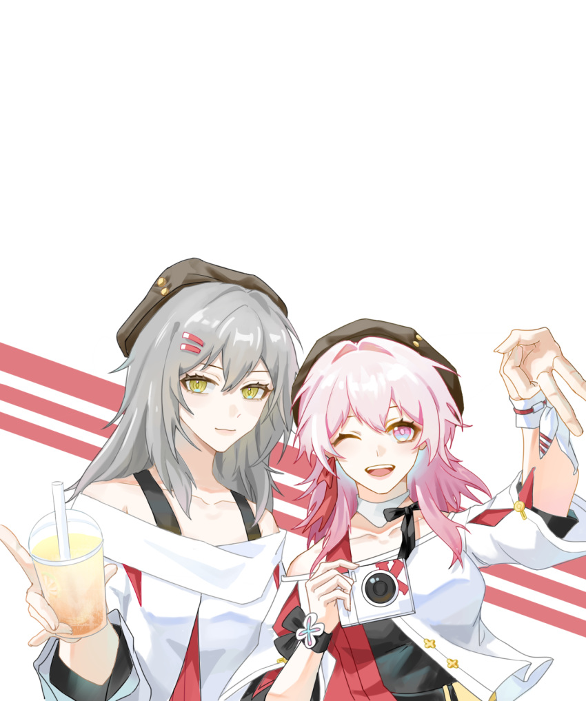 2girls belt beret black_bow black_headwear black_shirt bow bra_strap camera chinese_commentary closed_mouth collar collarbone commentary_request cropped_jacket cup detached_collar disposable_cup drink drinking_straw earrings grey_hair hair_ornament hairpin hat high_belt highres holding holding_camera holding_drink honkai:_star_rail honkai_(series) huxi jacket jewelry looking_at_viewer march_7th_(honkai:_star_rail) march_7th_(kfc)_(honkai:_star_rail) multicolored_clothes multicolored_jacket multiple_girls off-shoulder_jacket off-shoulder_shirt off_shoulder official_alternate_costume one_eye_closed open_mouth red_jacket shirt short_sleeves single_earring smile stelle_(honkai:_star_rail) teeth trailblazer_(honkai:_star_rail) upper_body upper_teeth_only white_background white_bow white_collar white_jacket wrist_bow