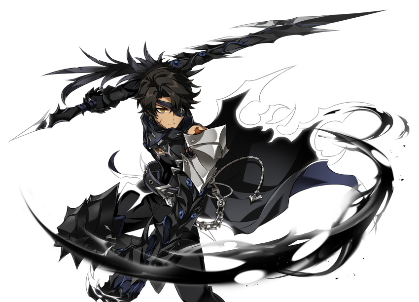 1boy armor artist_request belt black_armor black_coat black_footwear black_hair black_pants black_theme chain closed_mouth coat elsword eyepatch greaves highres holding holding_sword holding_weapon looking_to_the_side male_focus mutant_reaper_(elsword) official_art pants parted_bangs raven_cronwell reverse_grip scar scar_on_face serious solo sword transparent_background weapon yellow_eyes