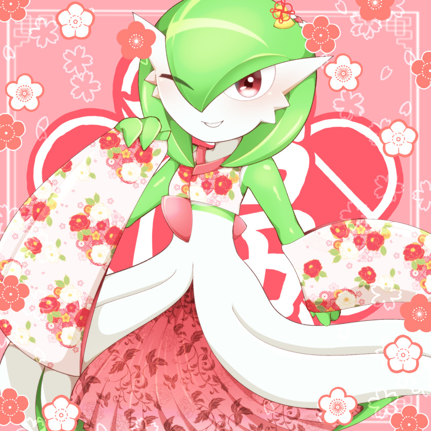1girl arm_at_side bare_shoulders blush bob_cut border clothed_pokemon colored_skin commentary_request cropped_kimono detached_sleeves flat_chest floral_print gardevoir green_hair green_skin grin hair_between_eyes hand_up happy highres japanese_clothes kimono looking_at_viewer multicolored_skin one_eye_closed outside_border pink_background pink_theme pokemon pokemon_(creature) red_eyes short_hair sleeveless sleeveless_kimono smile solo tahita teeth text_background translation_request two-tone_skin white_border white_kimono white_skin white_sleeves wide_sleeves
