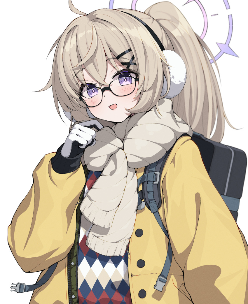 1girl absurdres backpack bag black-framed_eyewear black_gloves blonde_hair blue_archive blush earmuffs glasses gloves halo highres jacket kotama_(blue_archive) kotama_(camp)_(blue_archive) long_hair long_sleeves looking_at_viewer okayusonmu open_clothes open_jacket open_mouth purple_halo scarf simple_background smile solo upper_body violet_eyes white_background white_scarf yellow_jacket
