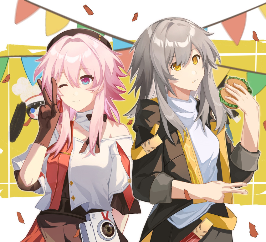 2girls arm_behind_back beret black_gloves black_headwear black_shirt blue_eyes bujiafei burger camera chinese_commentary closed_mouth coat collar commentary_request cropped_jacket detached_collar earrings eating food food_bite gloves hair_intakes hand_up hat highres holding holding_food honkai:_star_rail honkai_(series) jacket jewelry march_7th_(honkai:_star_rail) march_7th_(kfc)_(honkai:_star_rail) multicolored_clothes multicolored_jacket multiple_girls off-shoulder_jacket off-shoulder_shirt off_shoulder official_alternate_costume one_eye_closed open_clothes open_coat pink_eyes pom-pom_(honkai:_star_rail) pom-pom_(kfc)_(honkai:_star_rail) red_jacket shirt short_sleeves single_earring sleeves_rolled_up smile stelle_(honkai:_star_rail) trailblazer_(honkai:_star_rail) two-tone_eyes v white_collar white_jacket white_shirt