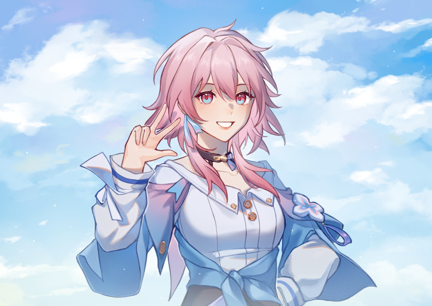 1girl absurdres black_choker blue_eyes blue_jacket blue_sky buttons chinese_commentary choker clenched_teeth clouds cloudy_sky dress_shirt flower_ornament gradient_jacket hand_up highres honkai:_star_rail honkai_(series) jacket long_sleeves march_7th_(honkai:_star_rail) medium_hair pink_eyes pink_hair pink_jacket qiaoerhuahuahua shirt sky smile solo teeth tied_jacket underbust upper_body w white_shirt