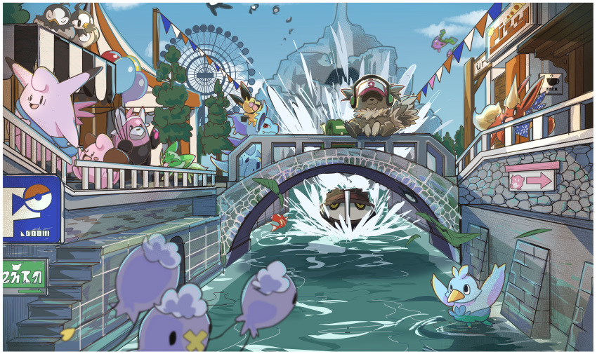 :d absurdres balloon bewear bird blush_stickers bridge canal circus_tent clefable cleffa commentary_request commission day drifloon ducklett falling_leaves fence ferris_wheel flareon highres holding_hands hoppip leaf magikarp market_stall nidorina nikkado open_mouth outdoors pichu poke_ball_print pokemon skeb_commission sky smile splashing sprigatito stairs standing starly tree unown water zigzagoon