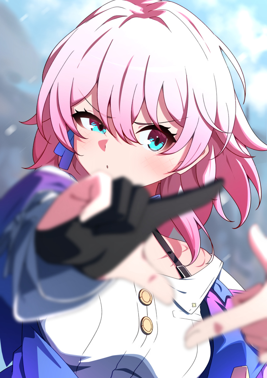 1girl archery_shooting_glove bare_shoulders black_gloves blue_eyes blue_jacket blurry blurry_background blurry_foreground bra_strap buttons depth_of_field dress_shirt earrings ecliygame finger_frame gloves highres honkai:_star_rail honkai_(series) jacket jewelry long_sleeves march_7th_(honkai:_star_rail) multicolored_clothes multicolored_jacket partially_fingerless_gloves pink_eyes pink_hair purple_jacket shirt short_hair single_earring single_glove solo two-tone_eyes underbust upper_body v-shaped_eyebrows white_shirt