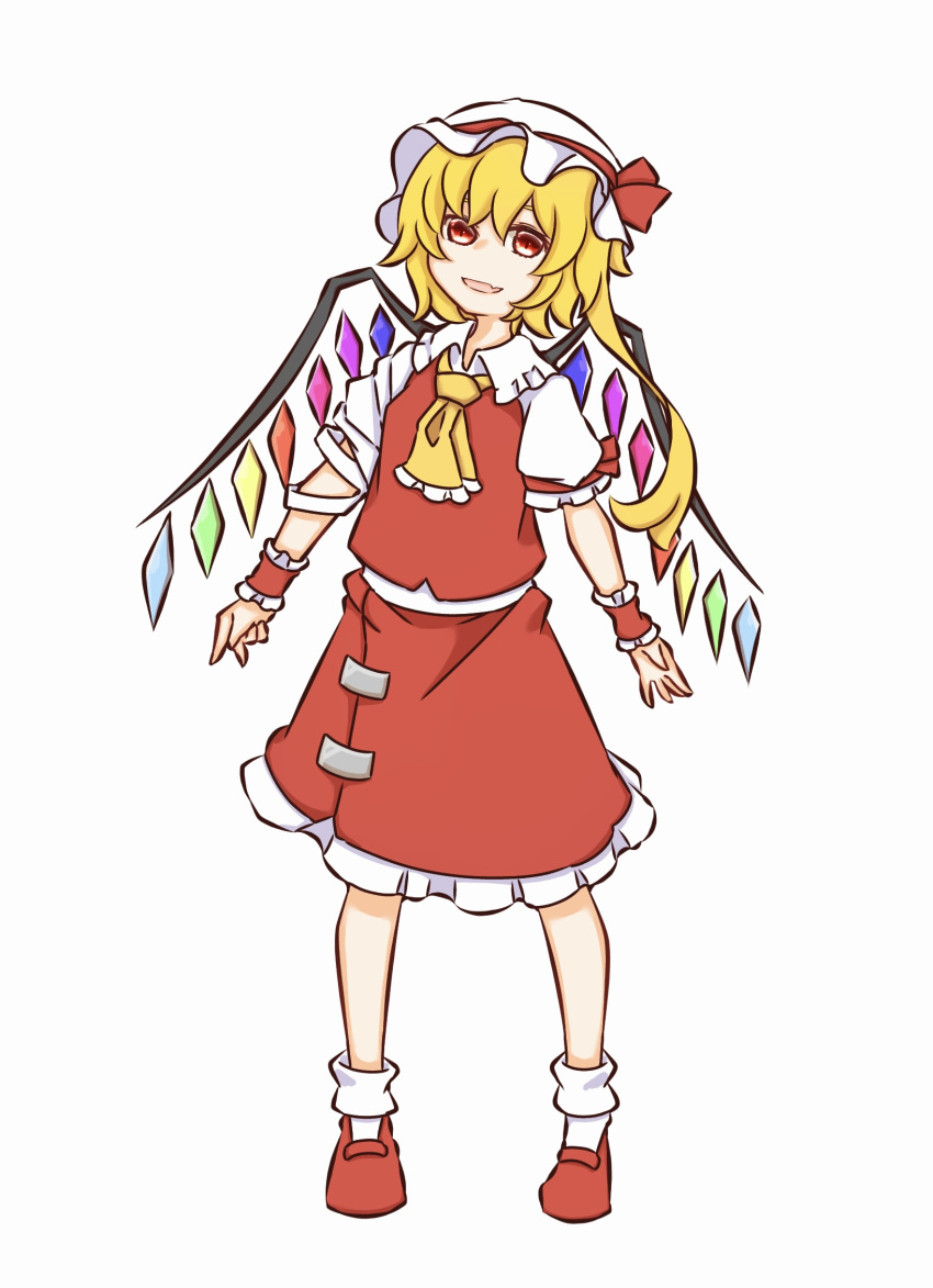 1girl ascot blonde_hair fang flandre_scarlet frilled_ascot frilled_shirt_collar frilled_skirt frills full_body hat hat_ribbon head_tilt highres long_hair looking_at_viewer mob_cap multicolored_wings one-hour_drawing_challenge one_side_up open_mouth puffy_short_sleeves puffy_sleeves red_eyes red_footwear red_ribbon red_skirt red_vest ribbon shirt shoes short_sleeves simple_background skin_fang skirt sleeve_ribbon socks solo standing touhou vest watanukimurama white_background white_headwear white_shirt white_socks wings wrist_cuffs yellow_ascot