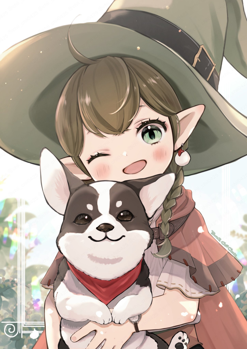 1girl ahoge animal blush braid brown_cloak chii_(pixiv20756878) cloak dog earrings final_fantasy final_fantasy_xiv flat_chest green_eyes green_hair hair_between_eyes hat head_tilt highres holding holding_animal holding_dog jewelry lalafell lens_flare looking_at_viewer medium_hair one_eye_closed pointy_ears red_scarf scarf shirt smile twin_braids two-tone_fur upper_body warrior_of_light_(ff14) watch watch welsh_corgi white_shirt witch_hat