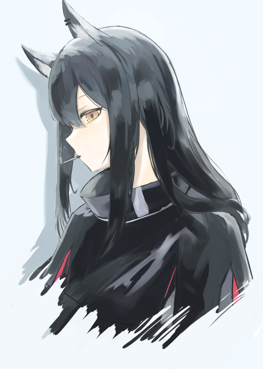 1girl absurdres animal_ear_fluff animal_ear_piercing animal_ears arknights black_capelet black_hair capelet cigarette closed_mouth commentary cropped_torso expressionless from_side grey_background hair_between_eyes hair_flowing_over high_collar highres long_hair looking_to_the_side mouth_hold orange_eyes piercing profile sideways_glance simple_background smoke smoke_trail smoking solo standing straight_hair texas_(arknights) upper_body uryu_(uryu0329) wolf_ears wolf_girl