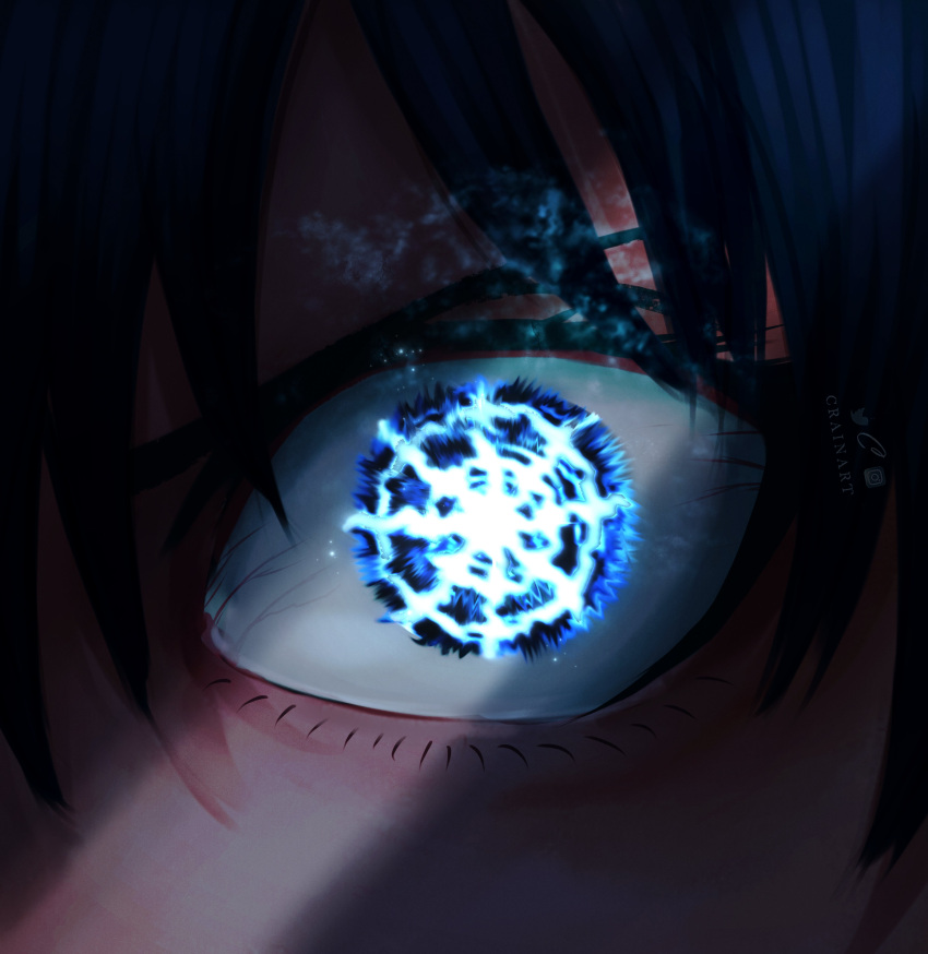 1boy absurdres artist_name black_hair blue_eyes blue_lock blue_theme close-up commentary crack_of_light crain1art english_commentary eye_focus glowing glowing_eyes highres isagi_yoichi looking_at_viewer male_focus symbol-shaped_pupils