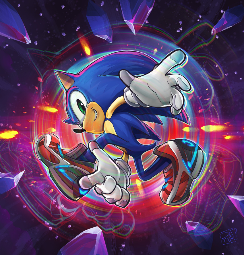 1boy absurdres animal_ears english_commentary gloves green_eyes hedgehog highres looking_at_viewer male_focus petarsaur quill shoes smile solo sonic_(series) sonic_prime sonic_the_hedgehog tail white_gloves
