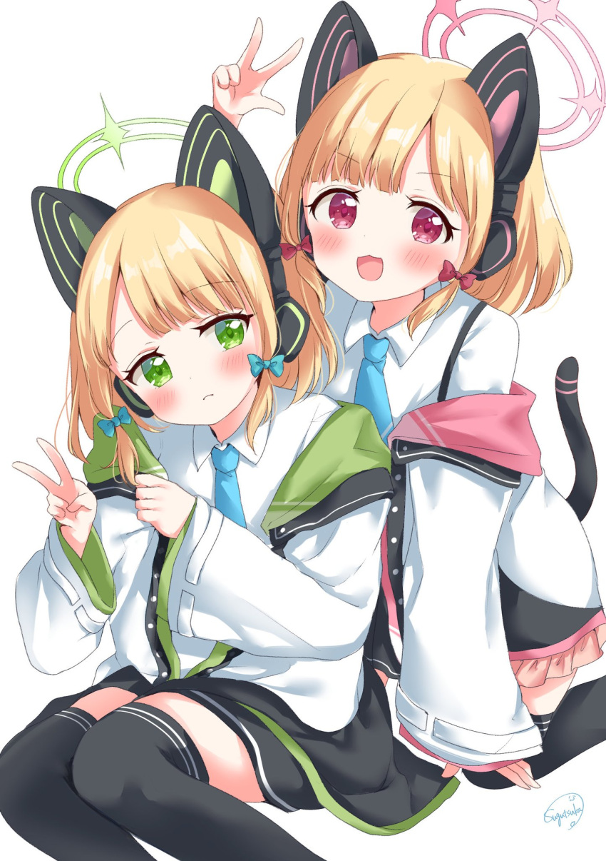 2girls :d animal_ears artist_name black_thighhighs blonde_hair blue_archive blunt_bangs bow closed_mouth green_eyes hair_ornament hair_ribbon halo hand_up headphones highres jacket kneeling lace-trimmed_skirt lace_trim looking_at_viewer midori_(blue_archive) miniskirt momoi_(blue_archive) multiple_girls necktie open_clothes open_jacket open_mouth paw_pose red_eyes ribbon shirt siblings sidelocks sitting skirt sleeves_past_wrists smile sugutsuka_rerun tail tail_raised thigh-highs v white_jacket white_shirt wide_sleeves