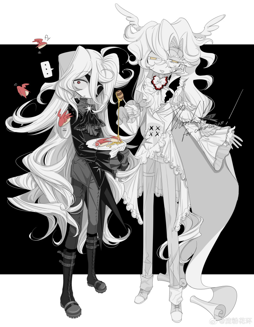 2boys absurdres androgynous black_background black_footwear boots collar commission eyepatch frilled_collar frills grey_pants hair_wings head_wings highres long_hair meyou_0319 multiple_boys original pants two-tone_background very_long_hair white_background white_hair wings