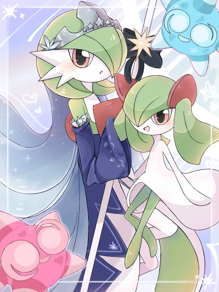 2girls bare_shoulders black_bow blue_background blue_eyes blue_sleeves blush bob_cut border bow colored_skin commentary_request detached_sleeves flat_chest floating full_body gardevoir gardevoir_(royal_winter) green_hair green_skin grey_headwear hair_over_one_eye happy heart highres holding holding_staff kirlia looking_at_viewer medium_hair minior minior_(blue_core) minior_(core) minior_(red_core) multicolored_skin multiple_girls one_eye_covered open_mouth outside_border partial_commentary pokemon pokemon_(creature) pokemon_cafe_remix red_eyes short_hair sidelocks smile sparkle staff star_(symbol) suzu_(pixiv_32232702) tiara two-tone_skin veil waist_cape white_border white_skin