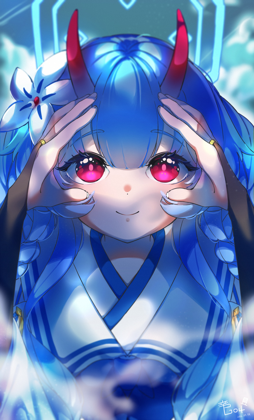 1girl absurdres blue_archive blue_hair blush braid chise_(blue_archive) detached_sleeves flower hair_between_eyes hair_flower hair_ornament halo highres horns japanese_clothes long_hair long_sleeves looking_at_viewer low_twin_braids night open_mouth sinsa104 solo twin_braids
