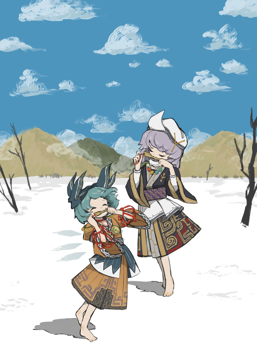 2girls ainu ainu_clothes alternate_costume aqua_hair bare_tree barefoot bead_necklace beads blue_sky bow brown_shirt brown_skirt cirno closed_mouth clouds day grey_bow grey_shirt hair_bow highres holding holding_instrument instrument jewelry lapel_pin letty_whiterock long_sleeves medium_hair mountainous_horizon mukkuri multiple_girls music necklace neruzou outdoors print_sash print_skirt purple_hair purple_sash sash shirt shirt_tucked_in skirt sky standing touhou tree white_headwear wide_sleeves wind