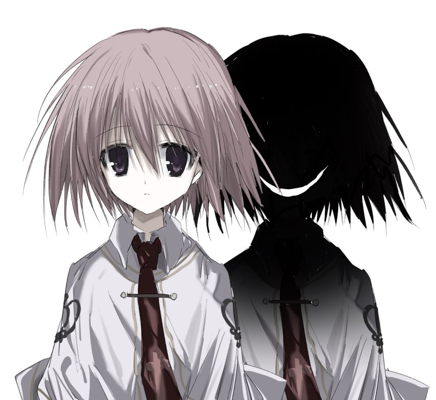 2girls capelet closed_mouth cross_print dual_persona evil_smile expressionless hair_between_eyes highres looking_at_viewer multiple_girls multiple_persona necktie open_mouth otonashi_ayana pink_hair red_necktie school_uniform short_hair simple_background smile subarashiki_hibi unkogakatasugi upper_body white_background white_capelet