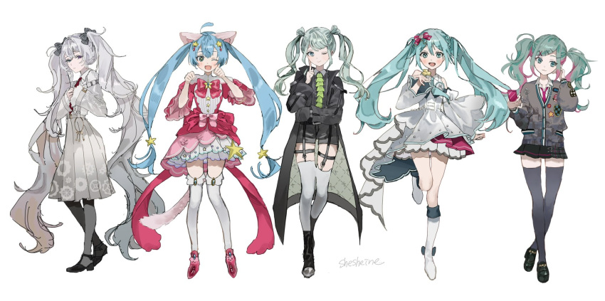 +_+ 25-ji_miku 5girls absurdly_long_hair animal_ears black_bow black_footwear black_jacket black_shorts black_skirt black_thighhighs blue_eyes blue_hair boots bow bowtie brooch cardigan cat_ears cat_girl cat_tail closed_mouth double_bun dual_persona expressionless full_body garter_straps gears green_hair grey_cardigan hair_between_eyes hair_bow hair_bun hands_up hatsune_miku heterochromia high-waist_skirt highres inu_totemo jacket jewelry kemonomimi_mode knee_boots leo/need_miku long_hair long_skirt long_sleeves looking_at_viewer miniskirt more_more_jump!_miku multicolored_hair multiple_girls one_eye_closed open_clothes open_jacket own_hands_together paw_pose pink_bow pink_bowtie pink_footwear pink_hair pink_shirt pleated_skirt print_skirt project_sekai red_eyes school_uniform shirt shoes shorts side-by-side sidelocks sideways_glance simple_background skirt star_brooch streaked_hair striped_bow tail thigh-highs thigh_strap twintails very_long_hair vivid_bad_squad_miku vocaloid watermark white_background white_footwear white_hair white_skirt white_thighhighs wonderlands_x_showtime_miku