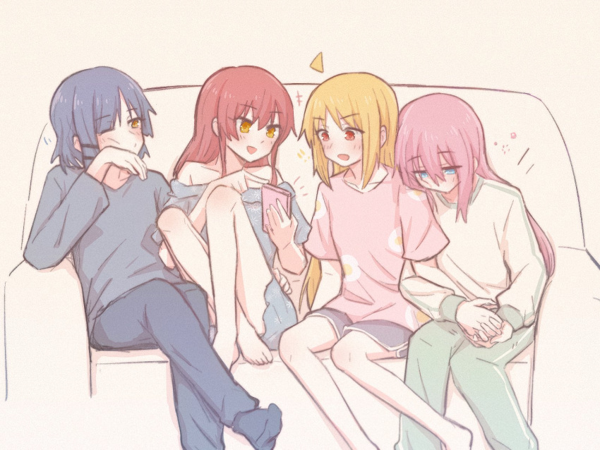 4girls ahoge alternate_costume barefoot blonde_hair blue_eyes blue_hair bocchi_the_rock! cellphone couch detached_ahoge hair_down highres holding holding_phone kessoku_band long_hair looking_at_phone medium_hair multiple_girls off_shoulder on_couch phone pink_hair red_eyes redhead sitting yakaze_(yakaze1604) yellow_eyes