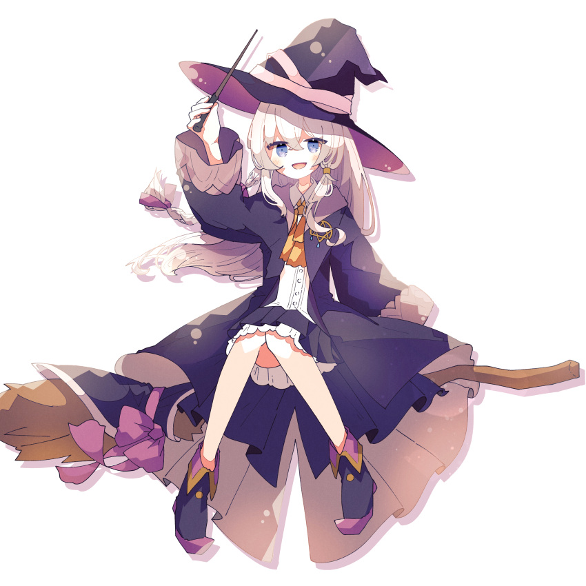1girl absurdres blue_eyes braid brooch broom broom_riding collar collared_shirt elaina_(majo_no_tabitabi) flat_chest full_body hair_ribbon hat highres holding holding_wand jewelry knees_together_feet_apart light_blush long_bangs long_hair looking_at_viewer majo_no_tabitabi necktie orange_necktie pink_ribbon pointy_footwear purple_footwear purple_robe ribbon robe shirt single_braid sitting smile solo star_brooch wand white_collar white_hair white_shirt wide_sleeves witch_hat yakijake-09