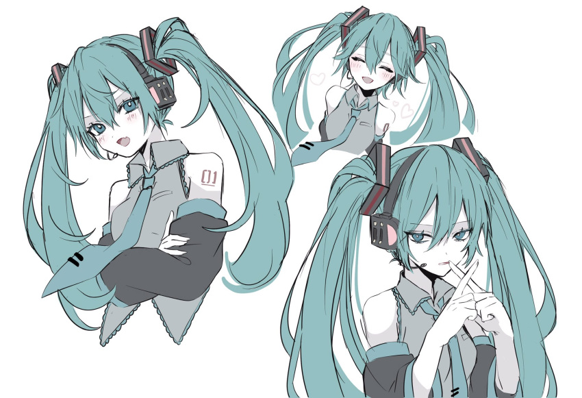 1girl :d bare_shoulders black_sleeves blue_eyes blue_hair blue_necktie blush closed_eyes collared_shirt cropped_torso crossed_arms detached_sleeves facing_viewer flat_color frilled_shirt frills grey_shirt hair_between_eyes hands_up hatsune_miku headset heart highres long_hair long_sleeves looking_at_viewer microphone multiple_views naguno-0713 necktie number_tattoo open_mouth shirt sidelocks simple_background sleeveless sleeveless_shirt smile tattoo teeth tie_clip twintails very_long_hair vocaloid white_background x_fingers