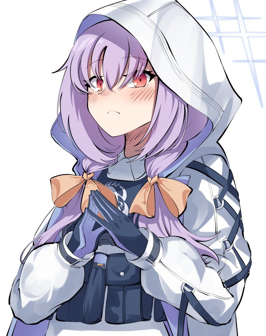1girl absurdres atsuko_(blue_archive) black_gloves blue_archive blush bow bulletproof_vest closed_mouth cross-laced_clothes cross-laced_sleeves gloves hair_between_eyes hair_bow halo highres hood hood_up hooded_jacket jacket layer_(layer_illust) long_hair long_sleeves low_twintails multiple_hair_bows orange_bow plate_carrier pouch purple_hair red_eyes simple_background solo steepled_fingers twintails white_background white_hood white_jacket