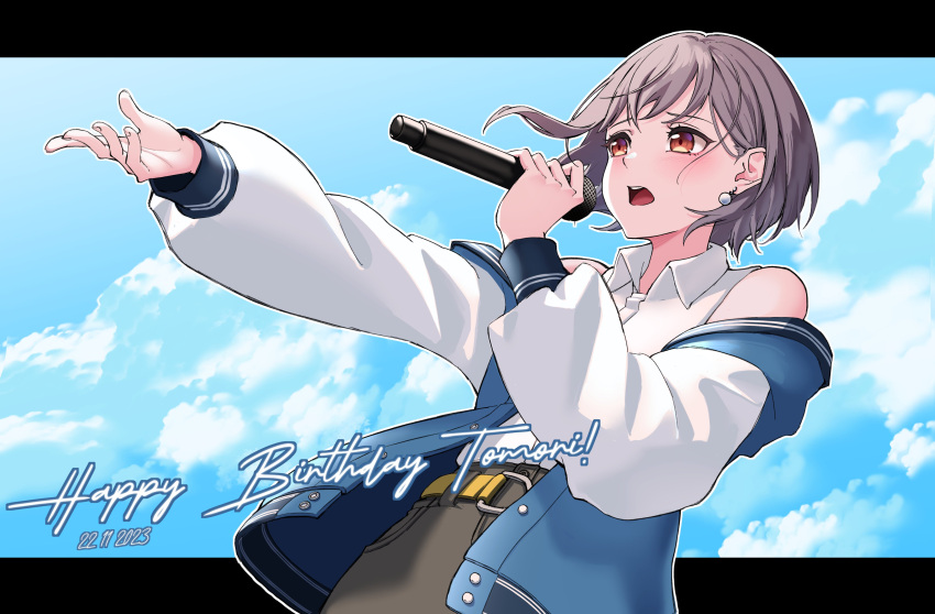 1girl absurdres bang_dream! bang_dream!_it's_mygo!!!!! belt blush buttons clouds collared_shirt commentary dutch_angle earrings english_commentary grey_hair happy_birthday highres holding holding_microphone ichi_(bttrfl1es) jacket jewelry letterboxed letterman_jacket long_sleeves looking_ahead microphone music off_shoulder open_clothes open_jacket open_mouth orange_eyes outline outstretched_arm pearl_earrings shirt short_hair singing sky sleeveless sleeveless_shirt solo takamatsu_tomori teeth upper_teeth_only white_outline white_shirt yellow_belt
