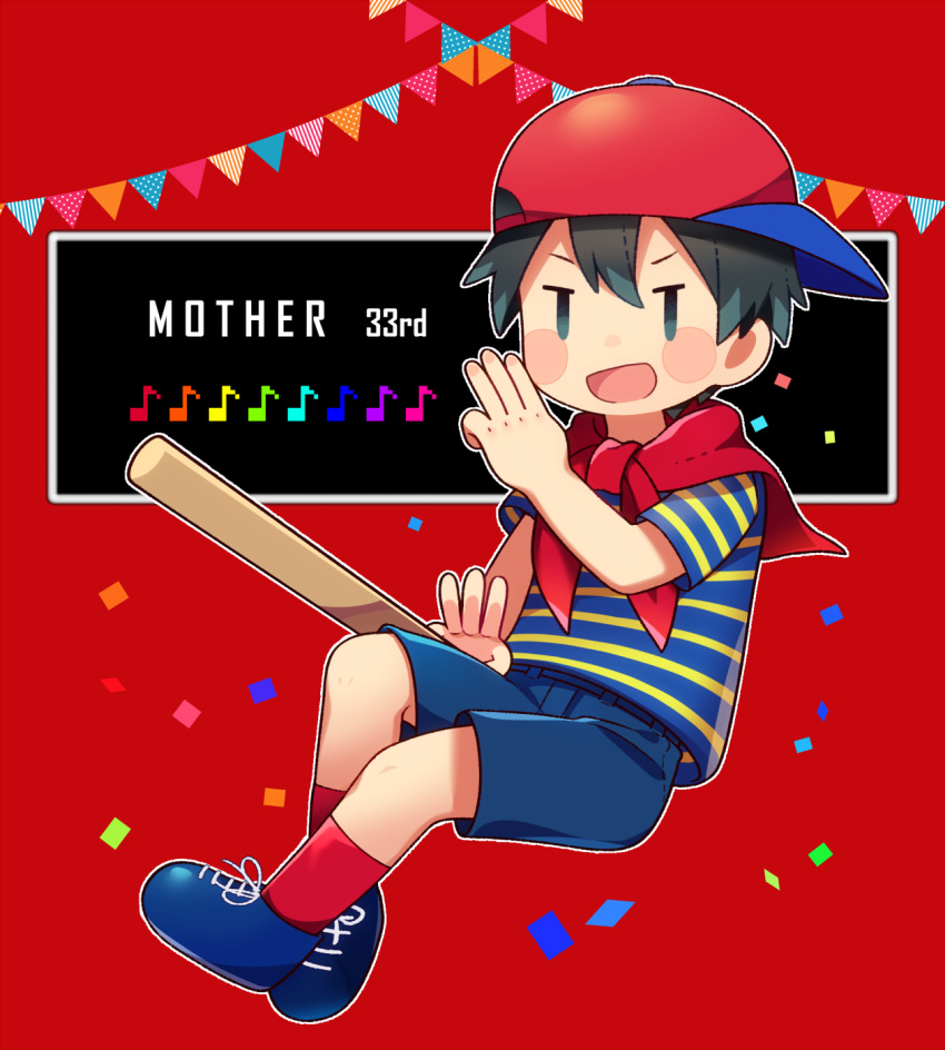 0mzum1 1boy :d anniversary baseball_bat baseball_cap black_eyes black_hair blue_footwear blue_shirt blue_shorts blush blush_stickers commentary_request confetti copyright_name eighth_note hair_between_eyes hand_up hat highres looking_at_viewer male_focus mother_(game) mother_1 musical_note neckerchief ninten open_mouth outline red_background red_headwear red_neckerchief red_socks shirt shoes short_hair short_sleeves shorts sideways_hat simple_background smile socks solo string_of_flags striped_clothes striped_shirt t-shirt two-tone_shirt v-shaped_eyebrows white_outline yellow_shirt