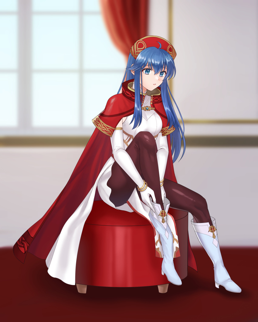 1girl absurdres alternate_costume black_pantyhose blue_eyes blue_hair blurry blurry_background boots breasts cape chair dress elbow_gloves fire_emblem fire_emblem:_the_binding_blade full_body gloves hair_between_eyes hat hazuki_(nyorosuke) highres indoors jewelry lilina_(fire_emblem) lilina_(firelight_leader)_(fire_emblem) long_hair medium_breasts official_alternate_costume on_chair pantyhose parted_lips red_cape red_headwear sitting solo white_dress white_footwear white_gloves window