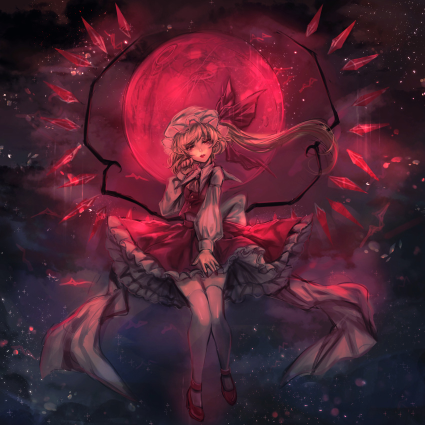 1girl absurdres adapted_costume back_bow backlighting blonde_hair bow crystal dark_background flandre_scarlet flying frilled_skirt frills full_body full_moon hat head_tilt highres huge_bow kyogoku-uru large_bow long_hair long_sleeves looking_at_viewer mary_janes mob_cap moon nail_polish night one_side_up outdoors puffy_long_sleeves puffy_sleeves red_background red_eyes red_footwear red_moon red_nails red_skirt red_theme red_vest red_wings shirt shoes skirt skirt_set solo thigh-highs touhou vest white_bow white_headwear white_shirt white_thighhighs wings zettai_ryouiki
