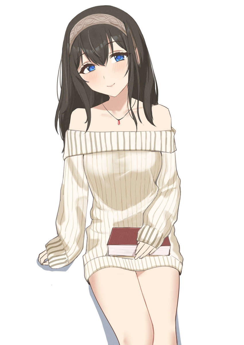 1girl absurdres bare_shoulders black_hair blue_eyes blush book dress etsutsuni hairband highres holding holding_book idolmaster idolmaster_cinderella_girls jewelry long_hair looking_at_viewer necklace off-shoulder_dress off_shoulder sagisawa_fumika simple_background sitting sleeves_past_wrists smile solo sweater sweater_dress white_background