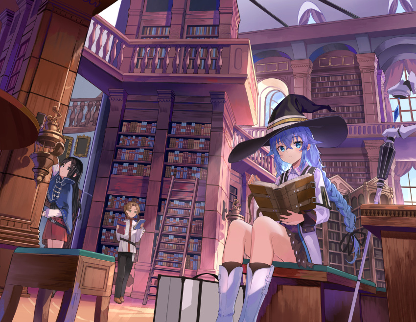 1boy 2girls absurdres black_hair black_pants blonde_hair blue_cloak blue_eyes blue_hair book bookshelf braid capelet cloak flat_chest hair_between_eyes hat highres holding holding_book indoors jacket ladder library looking_at_viewer looking_down looking_to_the_side mage_staff multiple_girls mushoku_tensei nanahoshi_shizuka pants reading red_skirt roxy_migurdia rudeus_greyrat school_uniform shirt sitting skirt suitcase tiptoes twin_braids user_frzm4382 white_capelet white_footwear white_jacket white_shirt witch_hat