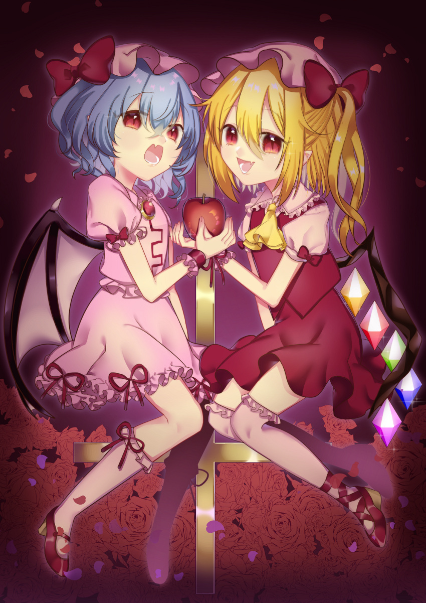 2girls aikoi_(arararaaren) apple ascot bat_wings blonde_hair blue_hair brooch collared_shirt fang flandre_scarlet food frilled_shirt frilled_shirt_collar frilled_skirt frilled_sleeves frilled_socks frills from_side fruit full_body hair_between_eyes hat highres holding holding_food holding_fruit jewelry looking_at_viewer mary_janes medium_hair mob_cap multicolored_wings multiple_girls one_side_up open_mouth over-kneehighs pik_pikn pink_headwear pink_skirt pointy_ears red_apple red_brooch red_eyes red_footwear red_ribbon red_skirt red_vest remilia_scarlet ribbon shirt shoes siblings sisters skin_fang skirt socks teeth thigh-highs touhou vest white_shirt white_socks wings yellow_ascot