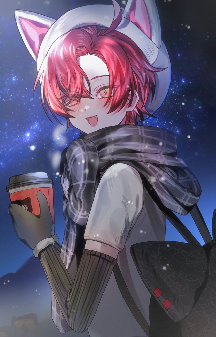 1boy absurdres animal_ear_headwear backpack bag black_mittens blush coffee_cup creature cup disposable_cup drink fangs from_side hat highres holding holding_drink holostars holostars_english looking_at_viewer machina_x_flayon machiroon_(machina_x_flayon) male_focus mittens night night_sky open_mouth plaid plaid_scarf pure_(berrypure) redhead scarf short_hair sky solo star_(sky) starry_sky upper_body virtual_youtuber white_headwear winter yellow_eyes