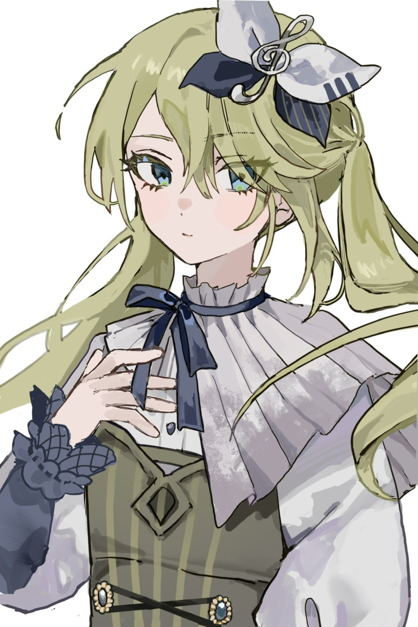 1girl :| black_bow blue_eyes blue_ribbon blush bow buttons capelet closed_mouth collared_shirt dot_nose dress expressionless green_dress green_hair hair_between_eyes hair_bow hair_over_one_eye hand_on_own_chest highres inu_totemo kagamine_rin long_hair long_sleeves looking_at_viewer neck_ribbon project_sekai ribbon shirt sidelocks simple_background solo strapless strapless_dress treble_clef twintails two-tone_bow upper_body vocaloid white_background white_bow white_capelet white_shirt