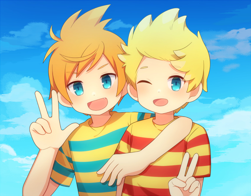 0mzum1 2boys :d ;d aqua_shirt arm_around_shoulder blonde_hair blue_eyes blue_sky blush brothers claus_(mother_3) clouds commentary_request day fang hand_up looking_at_viewer lucas_(mother_3) male_focus mother_(game) mother_3 multiple_boys one_eye_closed open_mouth orange_hair outdoors parted_bangs quiff red_shirt shirt short_hair short_sleeves siblings sky smile striped_clothes striped_shirt t-shirt two-tone_shirt upper_body v v-shaped_eyebrows w yellow_shirt