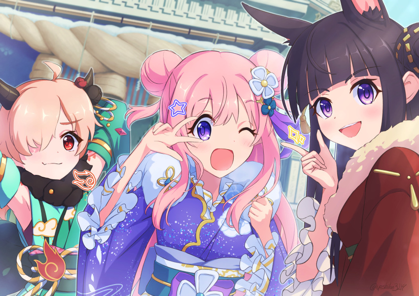 3girls absurdres alternate_costume alternate_hairstyle animal_ears arms_up black_hair closed_mouth commentary_request detached_sleeves dog_ears double_bun dragon_horns hair_bun hair_ornament hatsune_(princess_connect!) highres horns inori_(princess_connect!) japanese_clothes kasumi_(princess_connect!) kimono light_brown_hair looking_at_viewer multiple_girls new_year one_eye_closed open_mouth pink_hair princess_connect! red_eyes shrine upsilon3219 violet_eyes