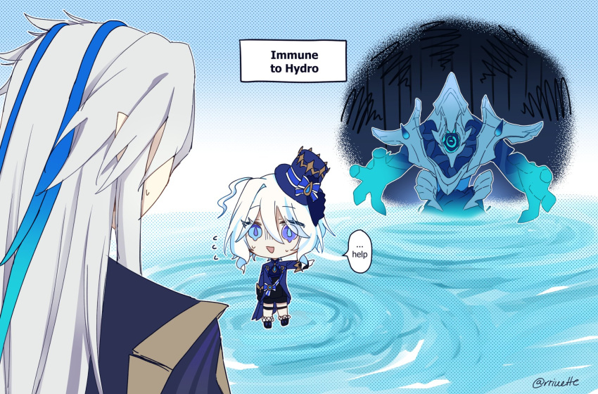1boy 1girl arm_at_side arm_up ascot asymmetrical_gloves black_gloves blue_brooch blue_eyes blue_hair blue_headwear blue_horns chibi coat cowlick dragon_horns drop-shaped_pupils english_text furina_(genshin_impact) gameplay_mechanics genshin_impact gloom_(expression) gloves grey_hair hair_between_eyes hat heterochromia highres horns hydro_tulpa jacket light_blue_hair long_hair long_sleeves looking_at_another mismatched_pupils monster multicolored_hair neuvillette_(genshin_impact) open_mouth outstretched_arm pointing pointing_at_another reiu ripples scared shoes shorts smile standing tearing_up top_hat twitter_username water wet wet_hair white_gloves white_hair