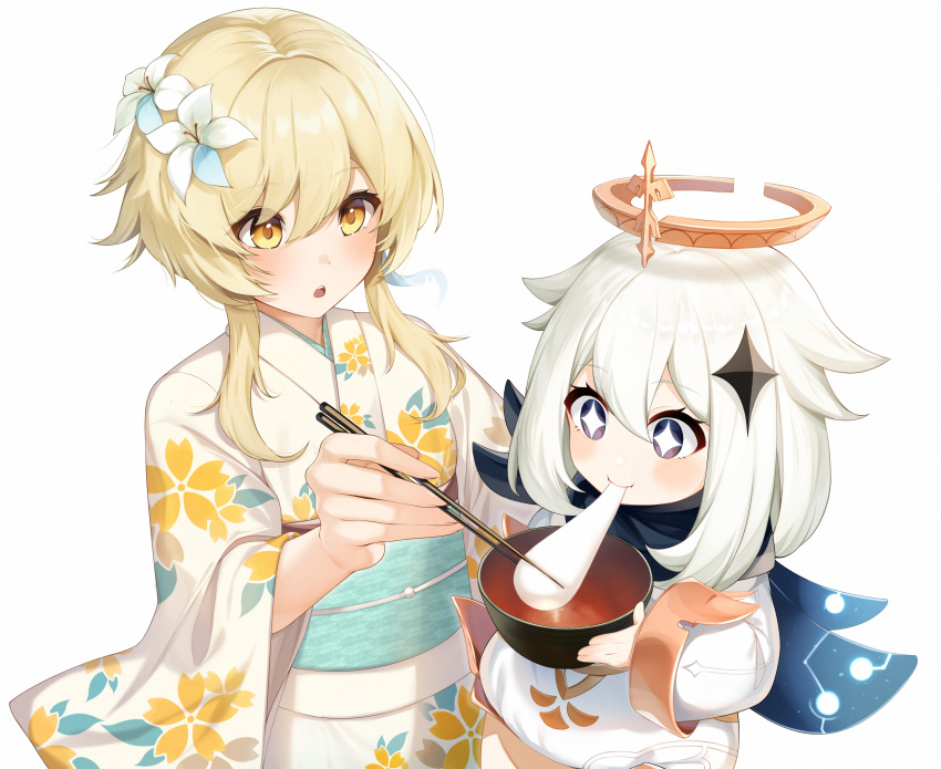 2girls absurdres blonde_hair blue_eyes blue_scarf blush bowl breasts chopsticks eating feather_hair_ornament feathers flower food genshin_impact hair_flower hair_ornament halo highres hiragi_paint japanese_clothes kimono long_sleeves lumine_(genshin_impact) medium_hair mochi multiple_girls obi paimon_(genshin_impact) sash scarf sidelocks sparkling_eyes white_kimono wide_sleeves yellow_eyes