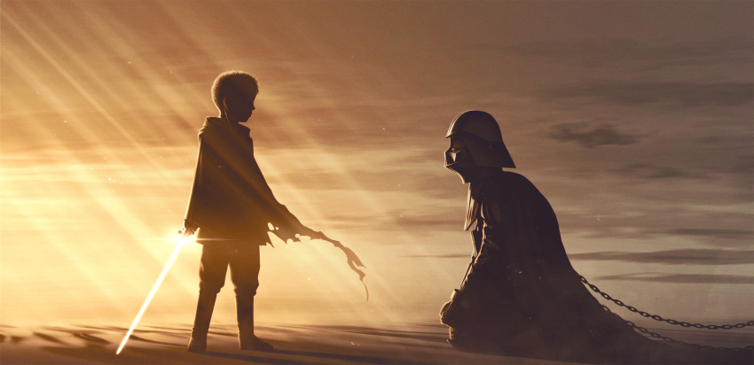 1boy 5health anakin_skywalker armor backlighting black_armor black_cape braid cape chain commentary_request darth_vader dual_persona energy_sword english_commentary helmet highres light_rays lightsaber mixed-language_commentary sand single_braid slave star_wars sword weapon wrist_cuffs
