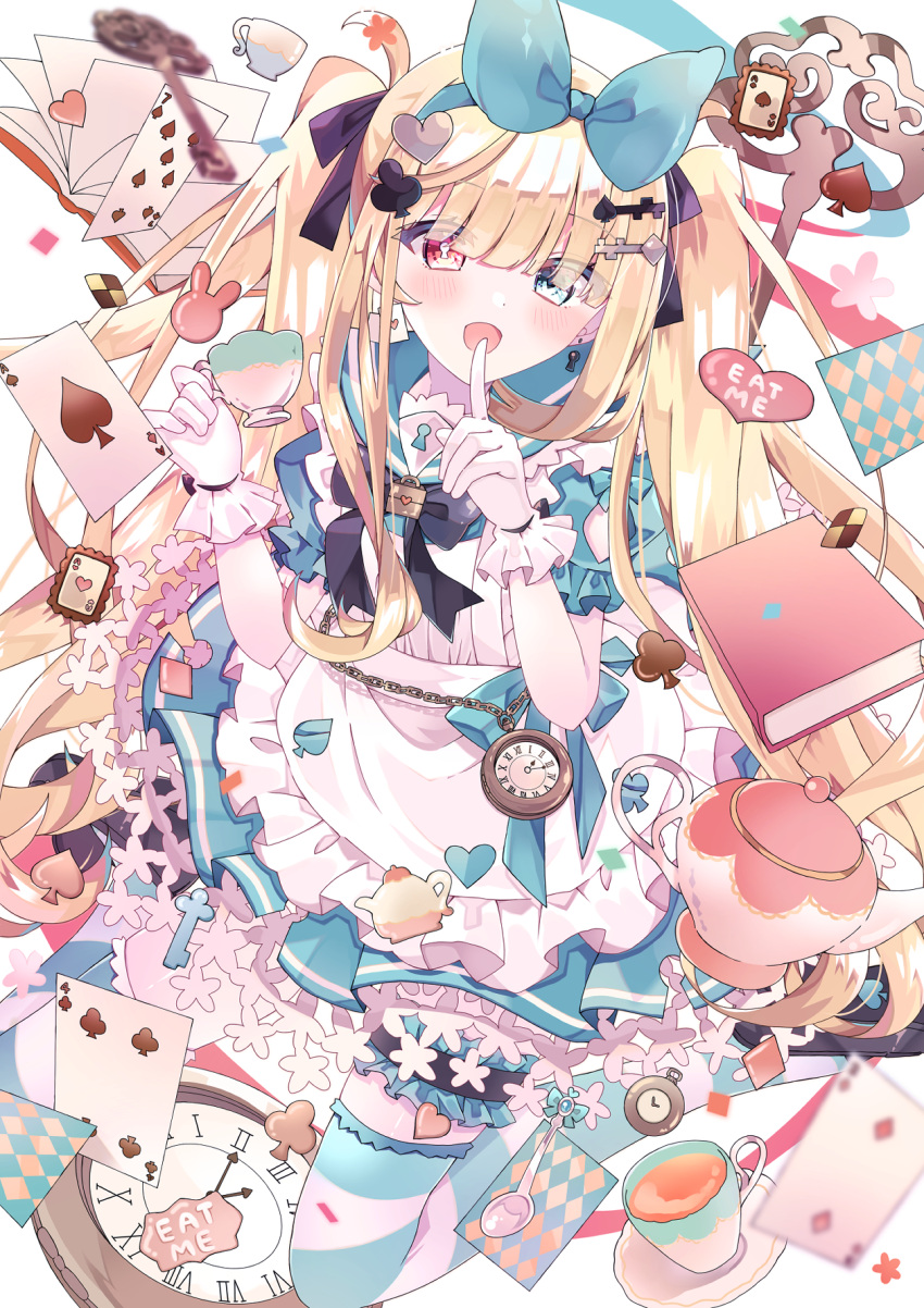 1girl ace_(playing_card) ace_of_spades alice_(alice_in_wonderland) alice_in_wonderland aoi_yugina black_bow black_footwear blonde_hair blue_bow blue_eyes blue_hairband blue_sailor_collar book bow card clock clover_hair_ornament cup diamond_hair_ornament dress earrings eat_me finger_to_mouth four_of_clubs gloves hair_bow hair_ornament hair_ribbon hairband heart heart_hair_ornament heterochromia highres holding holding_cup jewelry key keyhole lock looking_at_viewer open_book open_mouth playing_card pocket_watch red_eyes ribbon sailor_collar sailor_dress seven_of_spades smile solo spade_(shape) spade_hair_ornament striped_clothes striped_thighhighs symbol-shaped_pupils teacup teapot thigh-highs twintails two_of_diamonds watch white_gloves