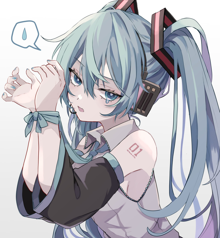 1girl bare_shoulders black_sleeves blue_eyes blue_hair blue_nails blush bound bound_wrists collared_shirt detached_sleeves frilled_shirt frills from_side hair_between_eyes hatsune_miku highres long_hair long_sleeves looking_at_viewer naguno-0713 nail_polish number_tattoo open_mouth shirt sidelocks simple_background sleeveless sleeveless_shirt solo spoken_sweatdrop sweatdrop tattoo tearing_up twintails upper_body very_long_hair vocaloid white_background white_shirt