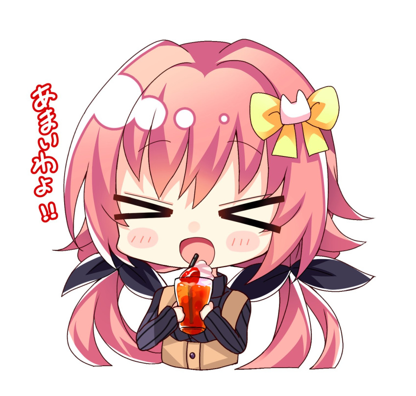 &gt;_&lt; 1girl black_ribbon blush_stickers bow cat_hair_ornament chibi commentary_request cup drink facing_viewer glass hair_between_eyes hair_bow hair_intakes hair_ornament hair_ribbon hakugan hamidashi_creative highres holding holding_cup long_hair low_twintails open_mouth pink_hair ribbon smile solo tokiwa_kano translated twintails upper_body white_background yellow_bow