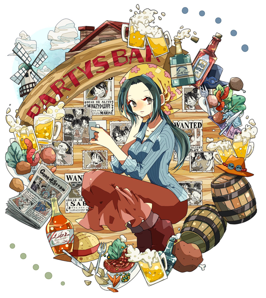 1girl alcohol beer beer_mug blue_shirt boots clouds commentary cup food fork green_hair hat head_scarf highres holding holding_cup knife long_nose long_skirt looking_at_viewer makino_(one_piece) meat monkey_d._luffy mug nami_(one_piece) newspaper noise_pp one_piece orange_headwear ponytail portgas_d._ace roronoa_zoro sabo_(one_piece) sanji_(one_piece) shirt sidelocks skirt smile solo straw_hat striped_clothes striped_shirt tony_tony_chopper usopp vertical-striped_clothes vertical-striped_shirt windmill
