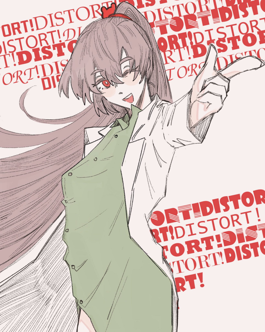 1girl bear_hair_ornament brown_hair buttons carmen_(project_moon) coat collared_shirt cowboy_shot dhmee finger_gun green_shirt hair_ornament highres lab_coat lobotomy_corporation long_hair long_sleeves one_eye_closed open_mouth project_moon red_eyes shirt simple_background smile solo very_long_hair white_background white_coat wing_collar