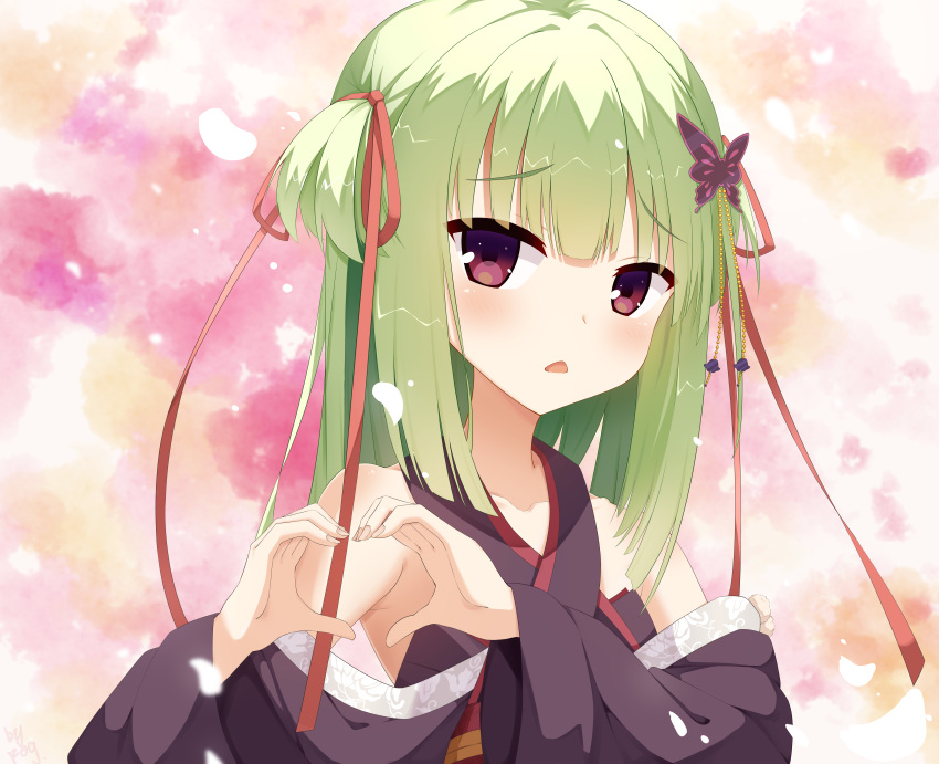 1girl absurdres bare_shoulders black_kimono blunt_bangs blunt_ends blush chestnut_mouth chinese_commentary commentary criss-cross_halter fingerless_gloves fog._(pixiv26875950) gloves green_hair hair_ribbon halterneck hands_up heart heart_hands highres hime_cut japanese_clothes kimono long_hair long_sleeves looking_at_viewer murasame_(senren) open_mouth pink_background red_eyes red_ribbon ribbon senren_banka shy sidelocks simple_background solo two_side_up upper_body wide_sleeves