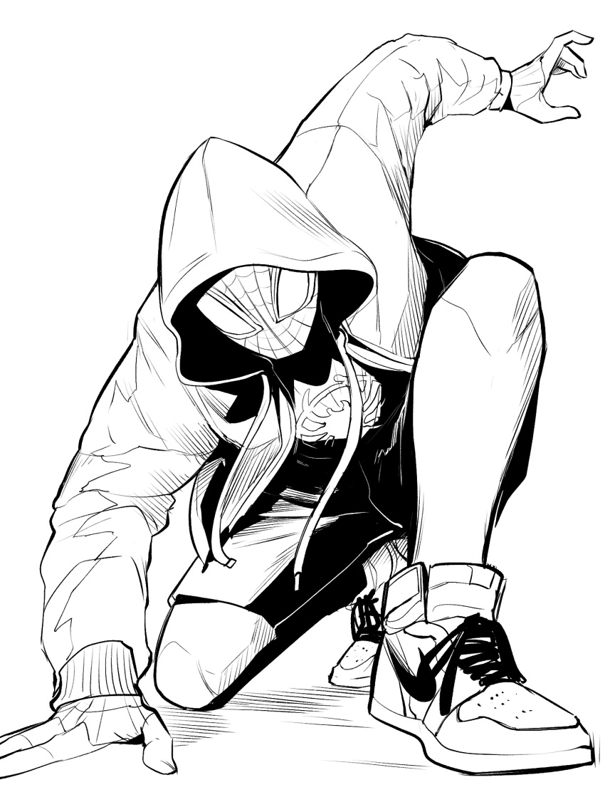 1boy animal_print bodysuit drawstring full_body gegegekman greyscale hand_on_ground highres hood hood_up hooded_jacket insignia jacket long_sleeves male_focus marvel mask miles_morales monochrome on_one_knee shoes shorts sneakers solo spandex spider-man:_into_the_spider-verse spider-man_(series) spider-verse spider_print superhero superhero_landing white_background