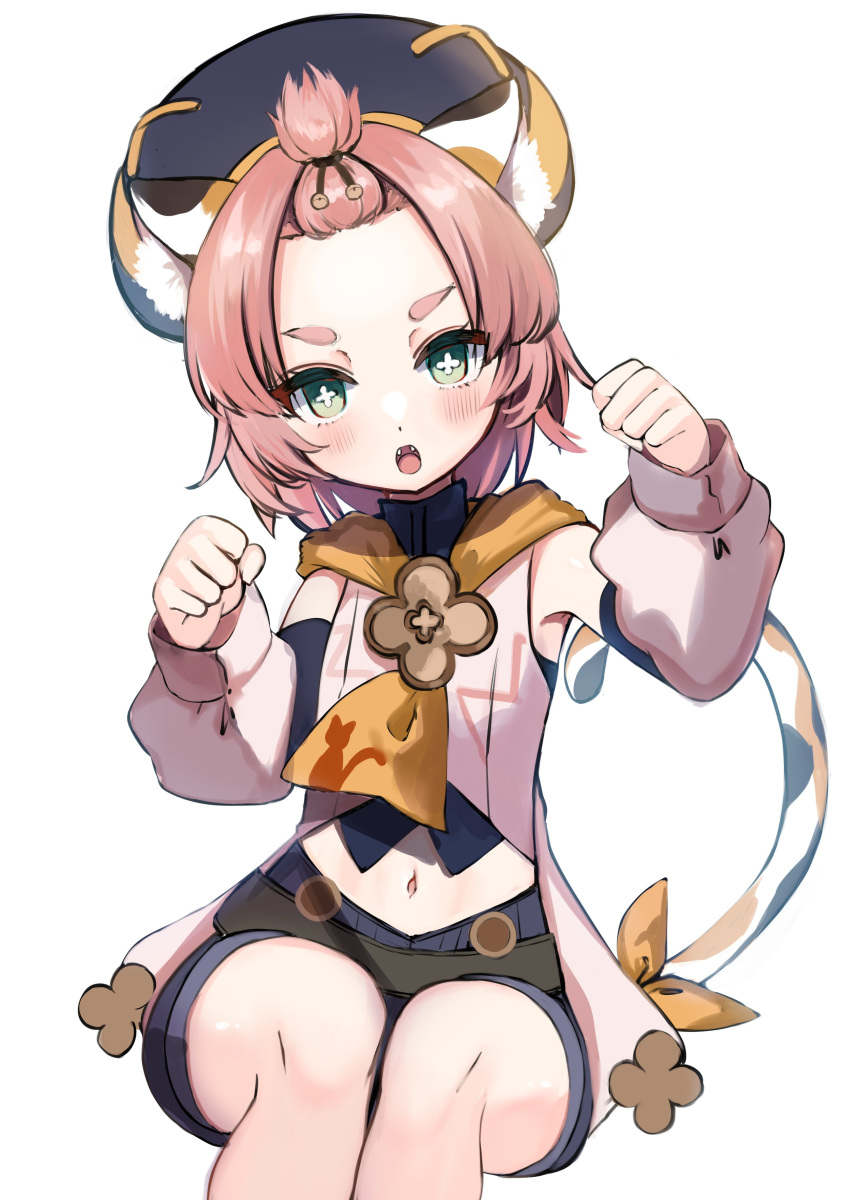 1girl absurdres animal_ear_fluff animal_ears bangs_pinned_back beret blue_shorts blush cat_ears cat_girl cat_tail chan'nu commentary_request cross-shaped_pupils detached_sleeves diona_(genshin_impact) forehead genshin_impact green_eyes hands_up hat head_tilt highres long_sleeves looking_at_viewer midriff multicolored_tail navel open_mouth paw_pose pink_hair puffy_detached_sleeves puffy_sleeves ribbon short_hair shorts sitting solo symbol-shaped_pupils tail tail_ornament tail_ribbon thick_eyebrows white_background yellow_ribbon