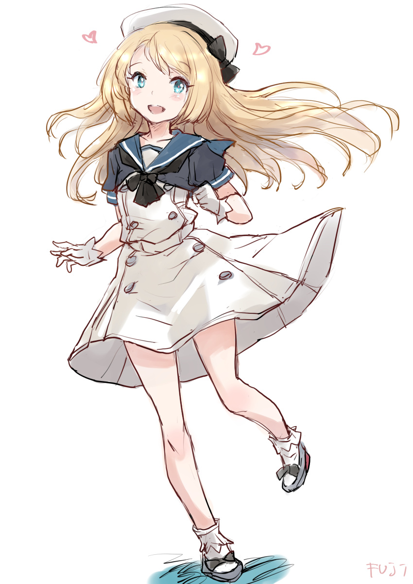 1girl black_jacket black_neckerchief blonde_hair blue_eyes blue_sailor_collar commentary_request dress fuji_(pixiv24804665) full_body gloves hat highres jacket jervis_(kancolle) kantai_collection long_hair looking_at_viewer neckerchief open_mouth puffy_short_sleeves puffy_sleeves round_teeth sailor_collar sailor_dress sailor_hat short_sleeves simple_background socks solo teeth upper_teeth_only white_background white_dress white_gloves white_headwear white_socks