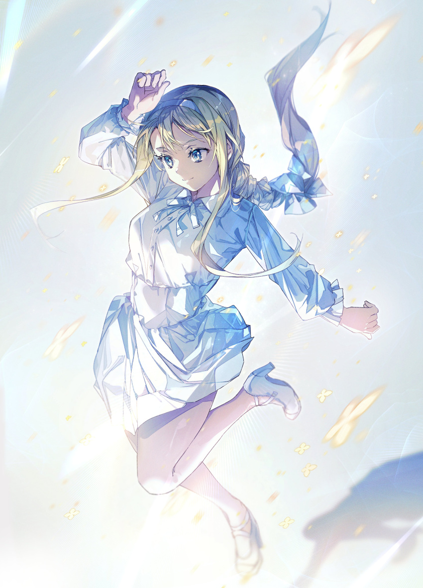 1girl absurdres alice_zuberg arm_up blonde_hair blue_eyes bow braid braided_ponytail closed_mouth collared_dress commentary dress falling_petals hair_bow hairband high_heels highres long_hair looking_ahead petals sidelocks simple_background smile solo standing standing_on_one_leg sword_art_online sword_art_online:_alicization very_long_hair white_dress white_footwear white_hairband yoru_kiri
