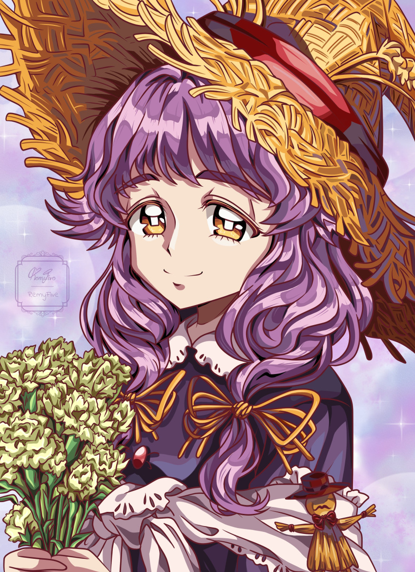 1girl absurdres bouquet dress flower hair_flaps hat highres holding holding_bouquet little_goody_two_shoes low_twintails purple_dress purple_hair remyfive rozenmarine_(little_goody_two_shoes) shawl smile solo straw_hat twintails white_shawl witch_hat yellow_eyes