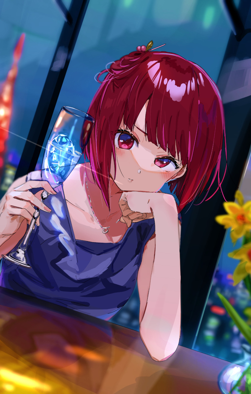 1girl arima_kana blue_dress blurry blush bob_cut champagne_flute clenched_hand collarbone commentary cup depth_of_field dress drink drinking_glass elbow_on_table flower formal funi_mu9 hair_ornament hairpin hand_on_own_cheek hand_on_own_face highres holding holding_cup inverted_bob jewelry medium_hair necklace night oshi_no_ko red_eyes redhead solo vase window